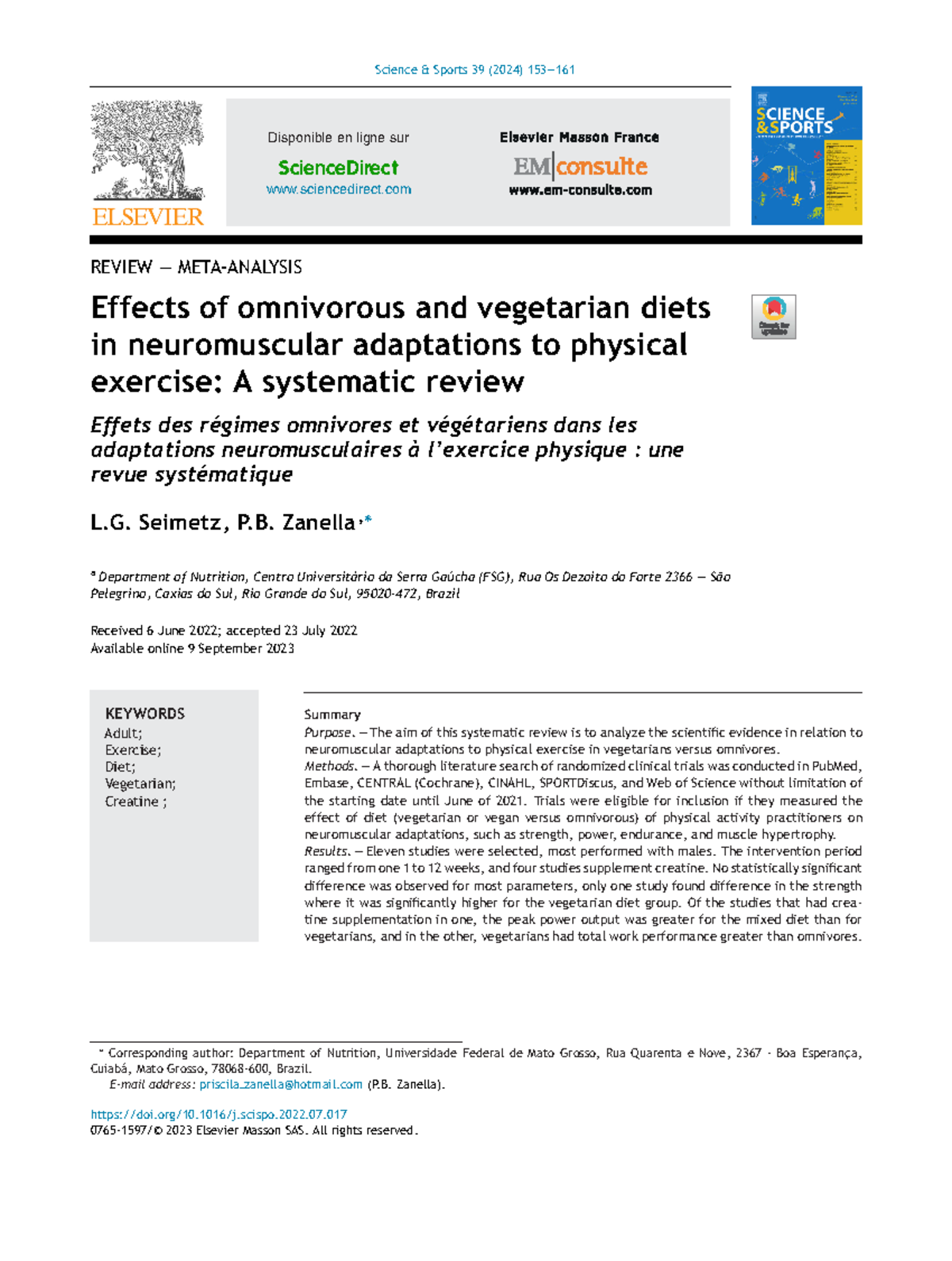 Oppose athlet diet main - Science & Sports 39 (2024) 153— Disponible en ...