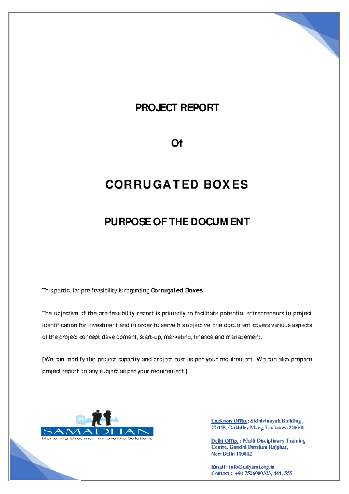 Corrugated Boxes project Report Lucknow Office Sidhivinayak