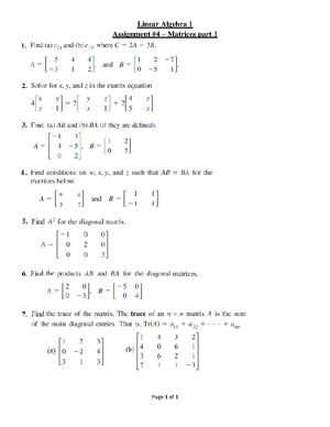 Assignment 5a - Matrices Part 2 - Page 1 Of 2 Linear Algebra 1 ...