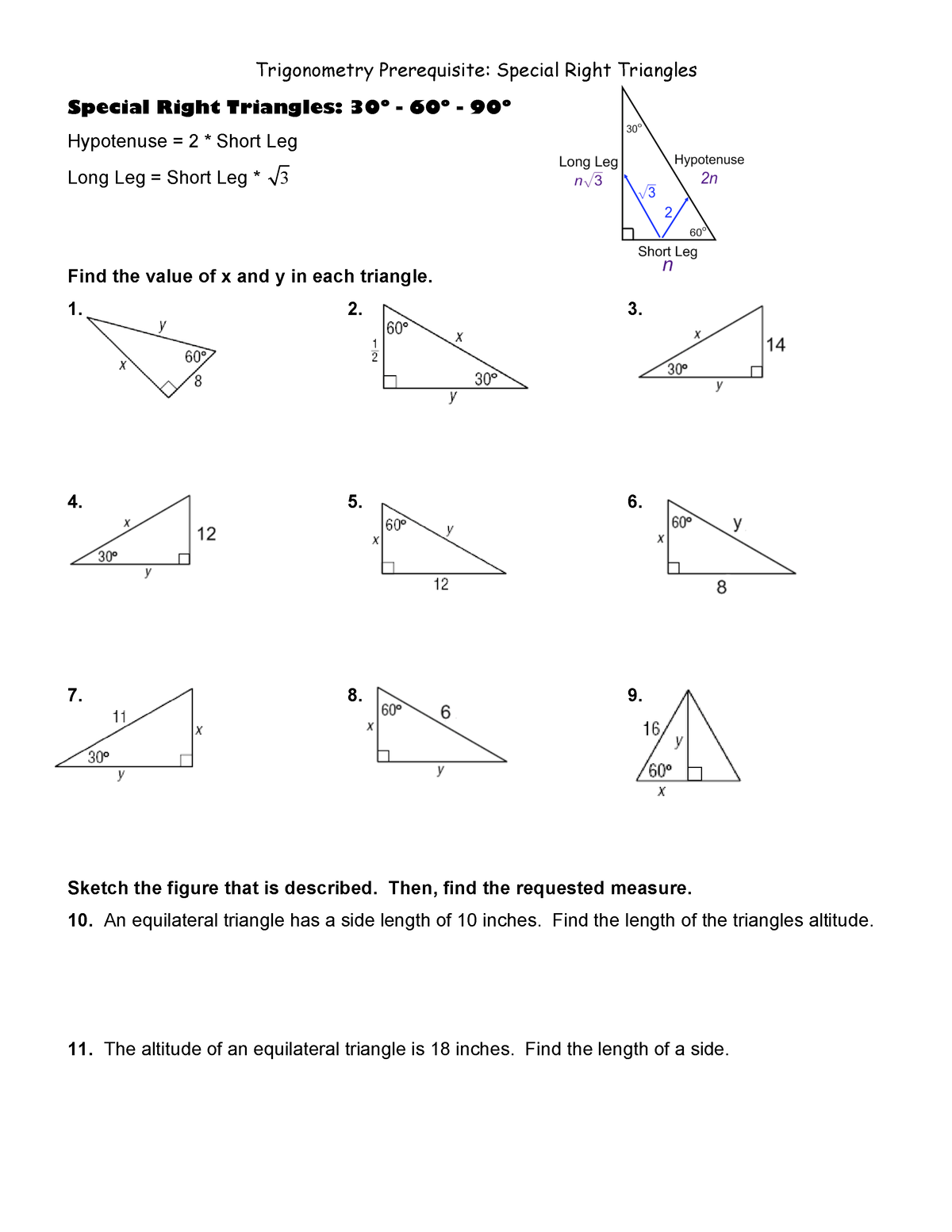 Special Right Triangles Work Sheet - Trigonometry Prerequisite: Special ...