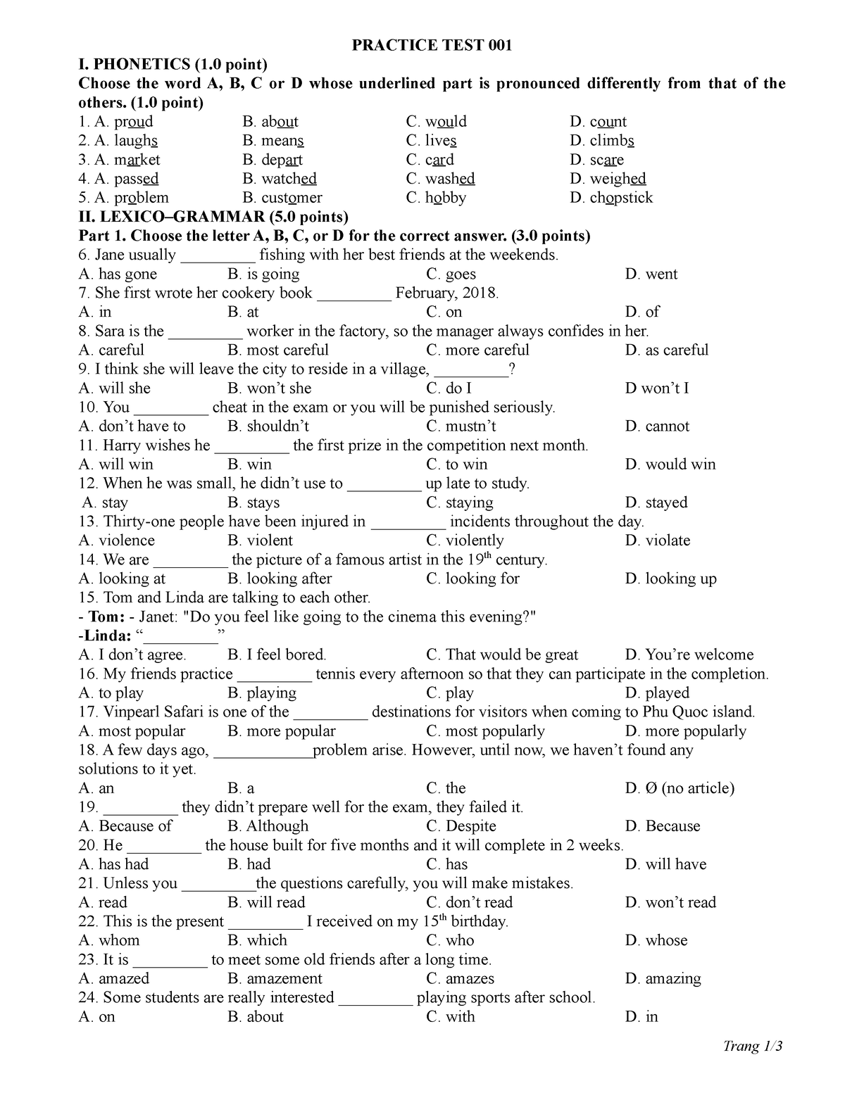 Practice TEST LOP 9 - AAA - PRACTICE TEST 001 I. PHONETICS (1 Point ...