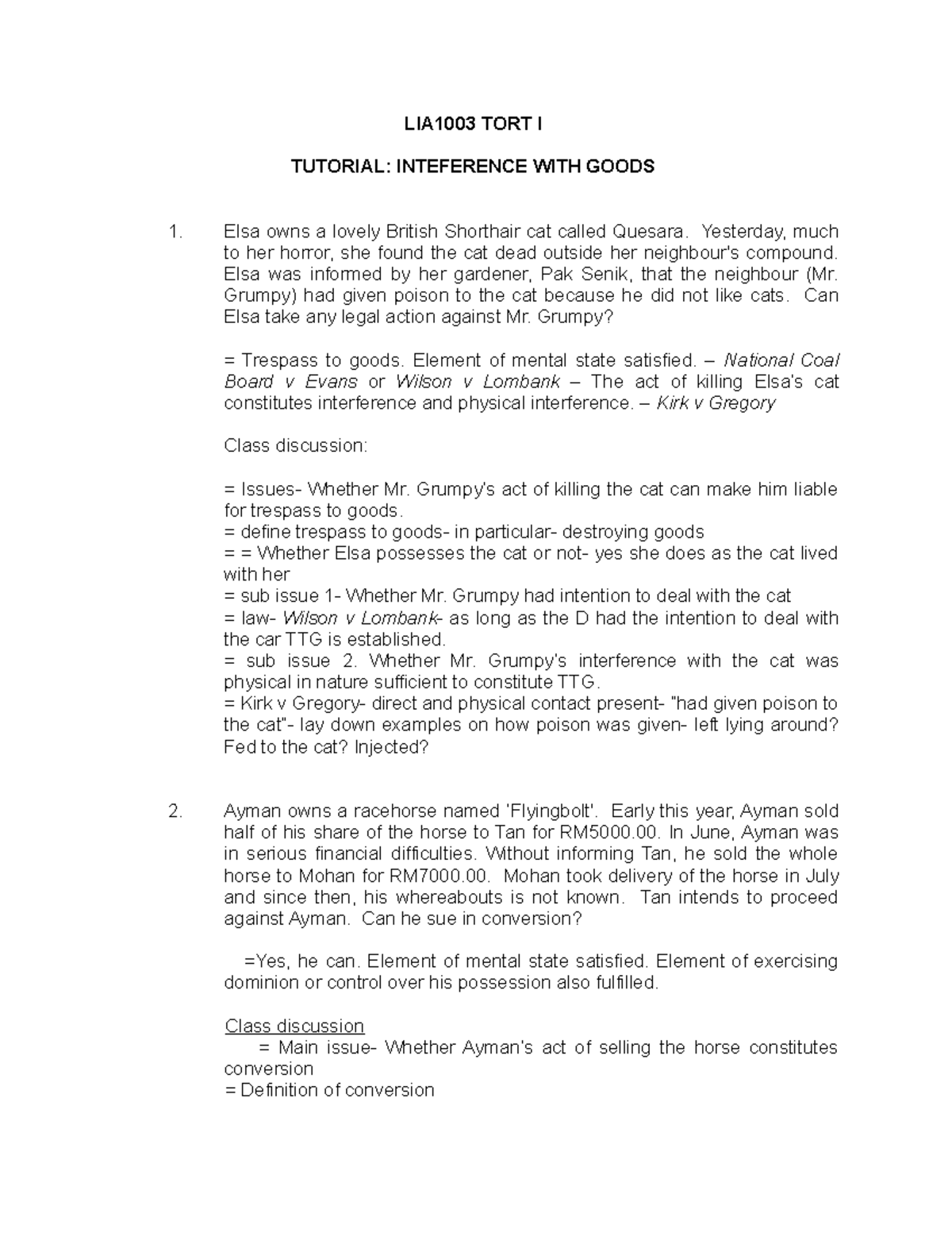 Tutorial Interference with Goods LIA1003 TORT I TUTORIAL INTEFERENCE