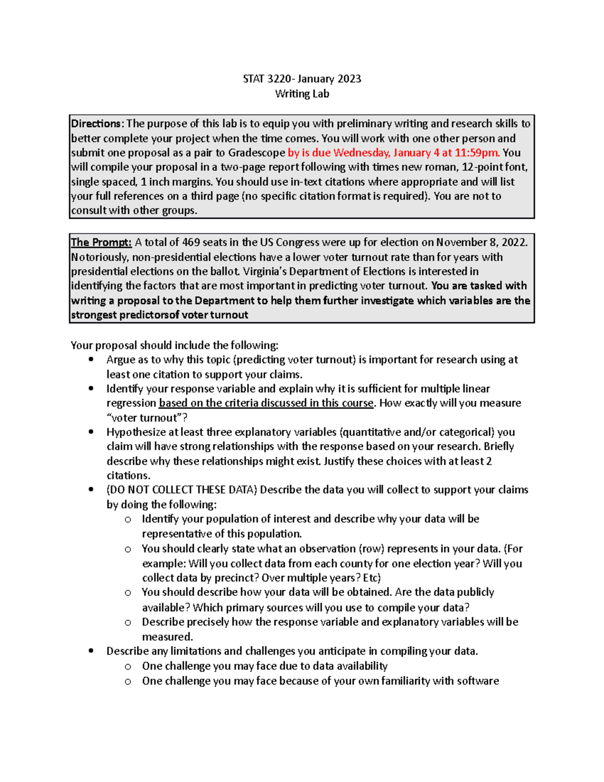 Statistical Writing Lab STAT 3220 January 2023 Writing Lab