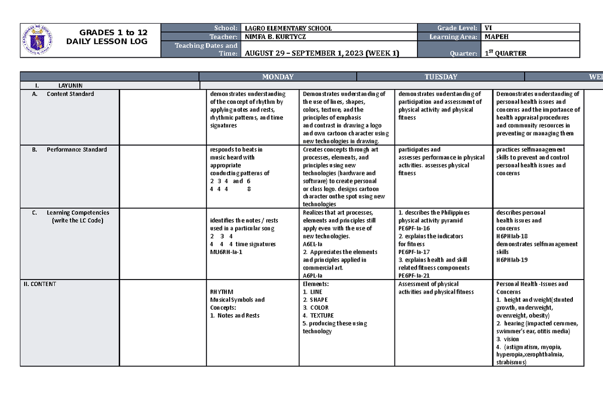 DLL Mapeh 6 Q1 W1 - npibncqi[voq - GRADES 1 to 12 DAILY LESSON LOG ...