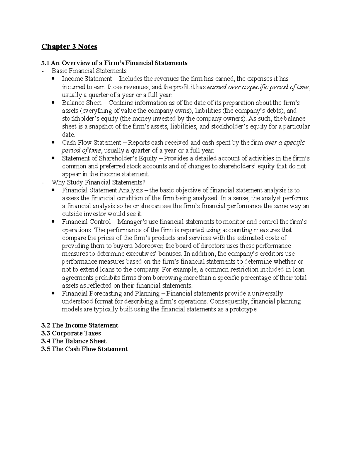 Finance Notes - Chapter 3 Notes 3 An Overview of a Firm’s Financial ...