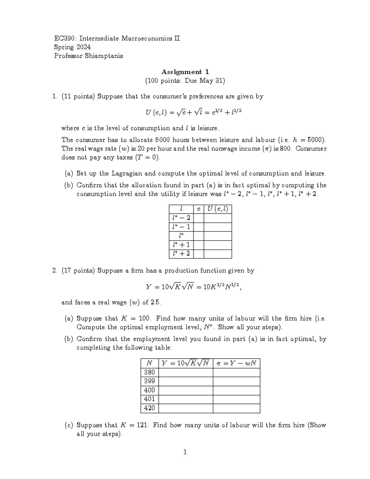 Assignment 1 - In this case, because the competitive equilibrium ...