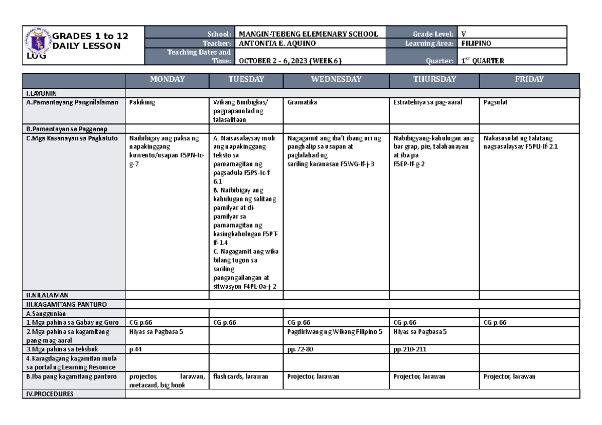 DLL Filipino 5 Q1 W6 - bbb - GRADES 1 to 12 DAILY LESSON LOG School ...