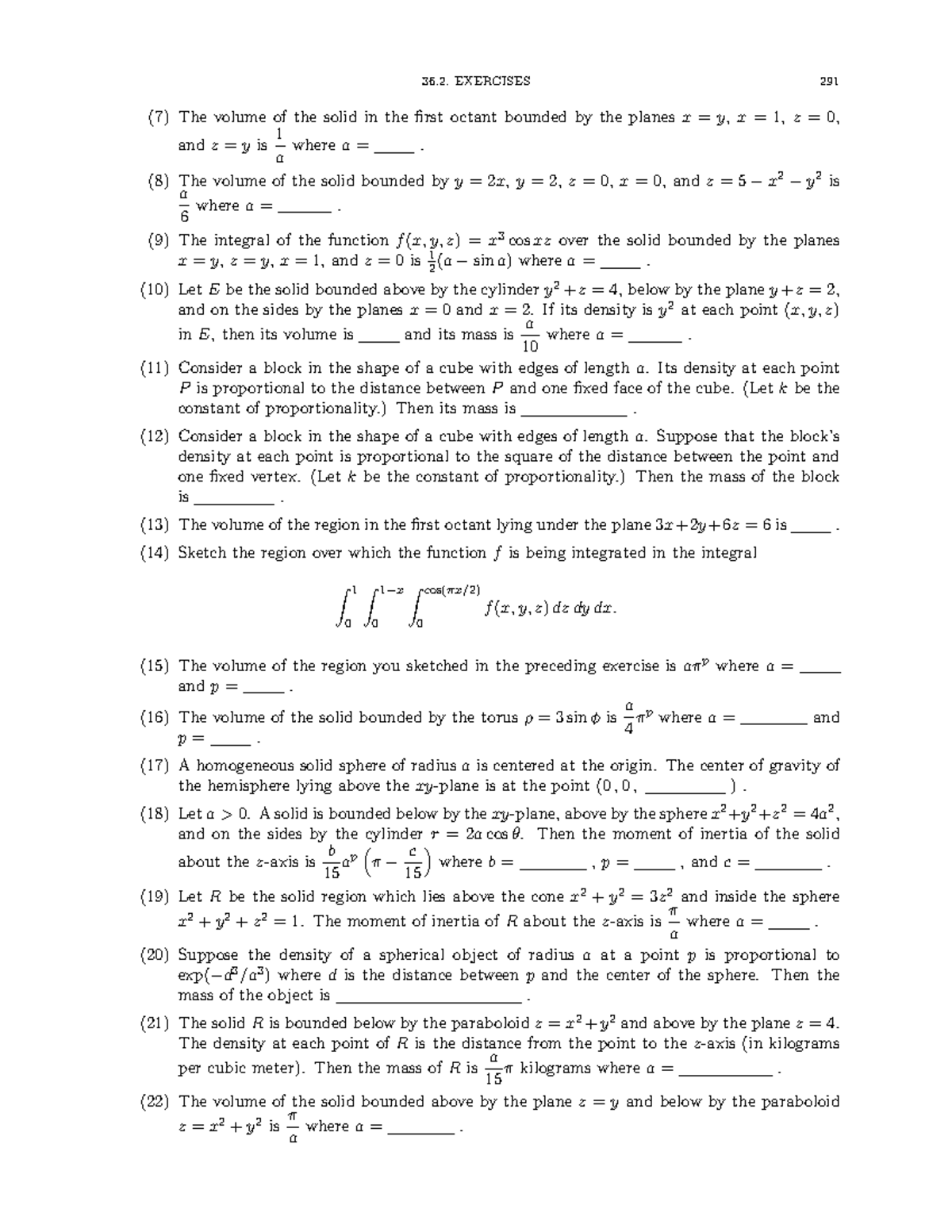 16 Exercises and Problems in Calculus - EXERCISES 291 (7) The volume of ...