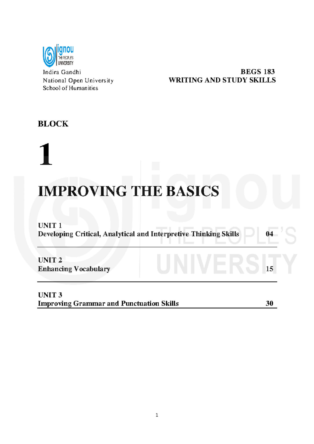 Writing AND Study Skills Block-1 - Indira Gandhi BEGS 183 National Open ...