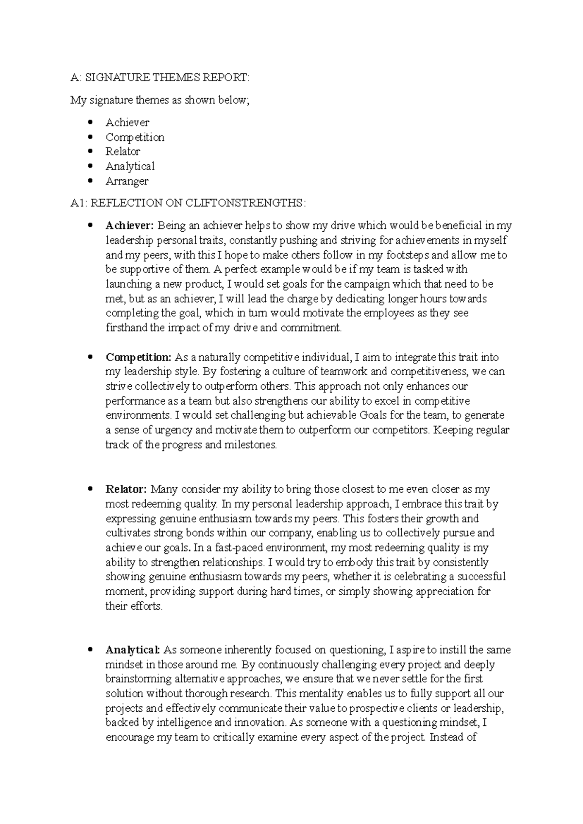 Task 1 Of C200 Managing Organization - A: Signature Themes Report: My 