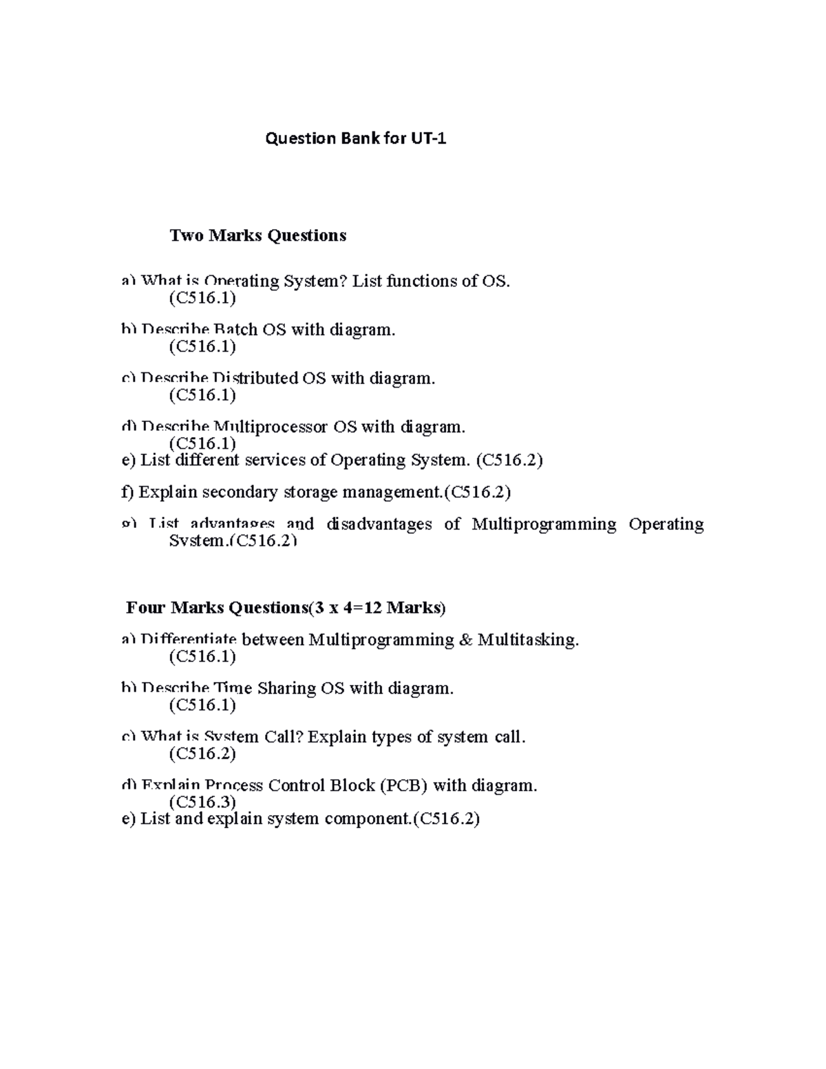 Question Bank For UT 1