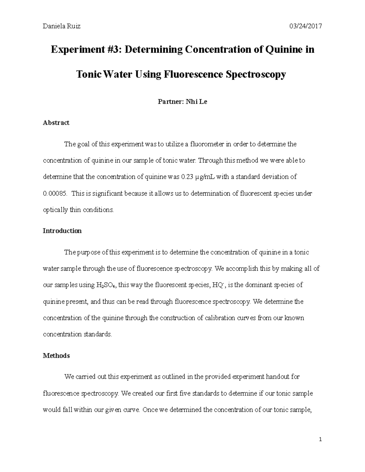 Experiment 3 Fluorescence Determination of Quinine Experiment 3
