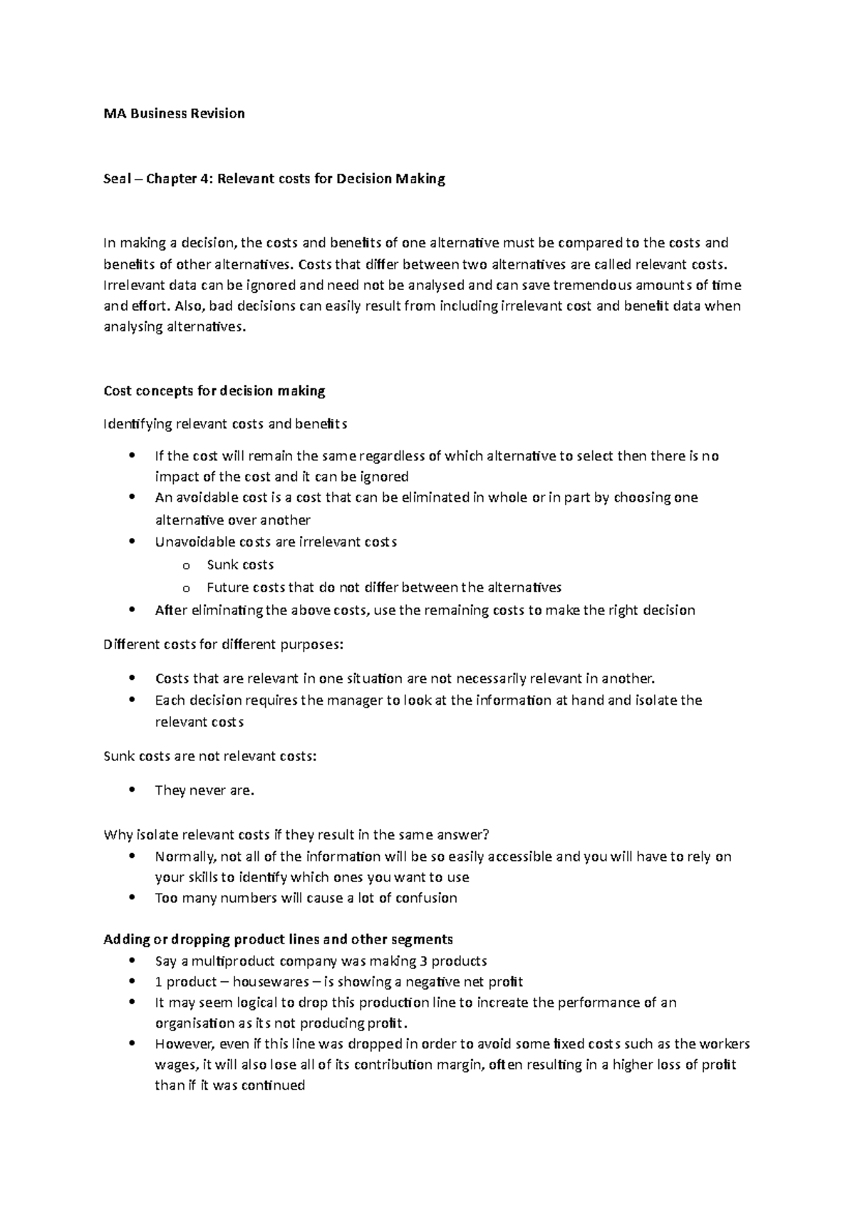 Seal Chapter 4 - Summary Management Accounting for Business Decisions ...