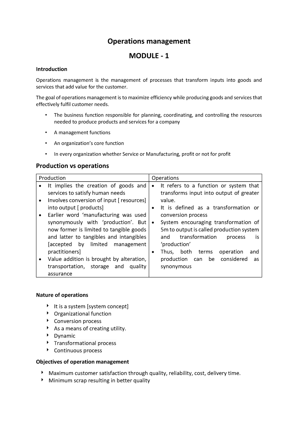 Operations Management - Operations Management MODULE - 1 Introduction ...