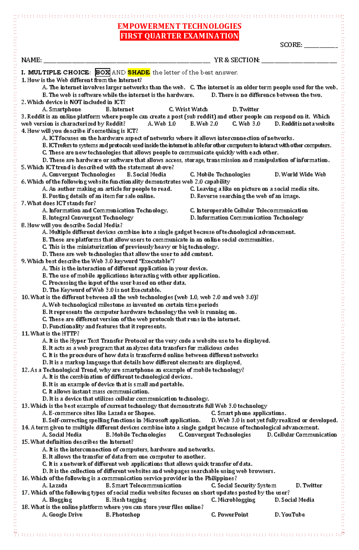 Empowerment Tech 1st Qtr Exam - Empowerment Technologies First Quarter 