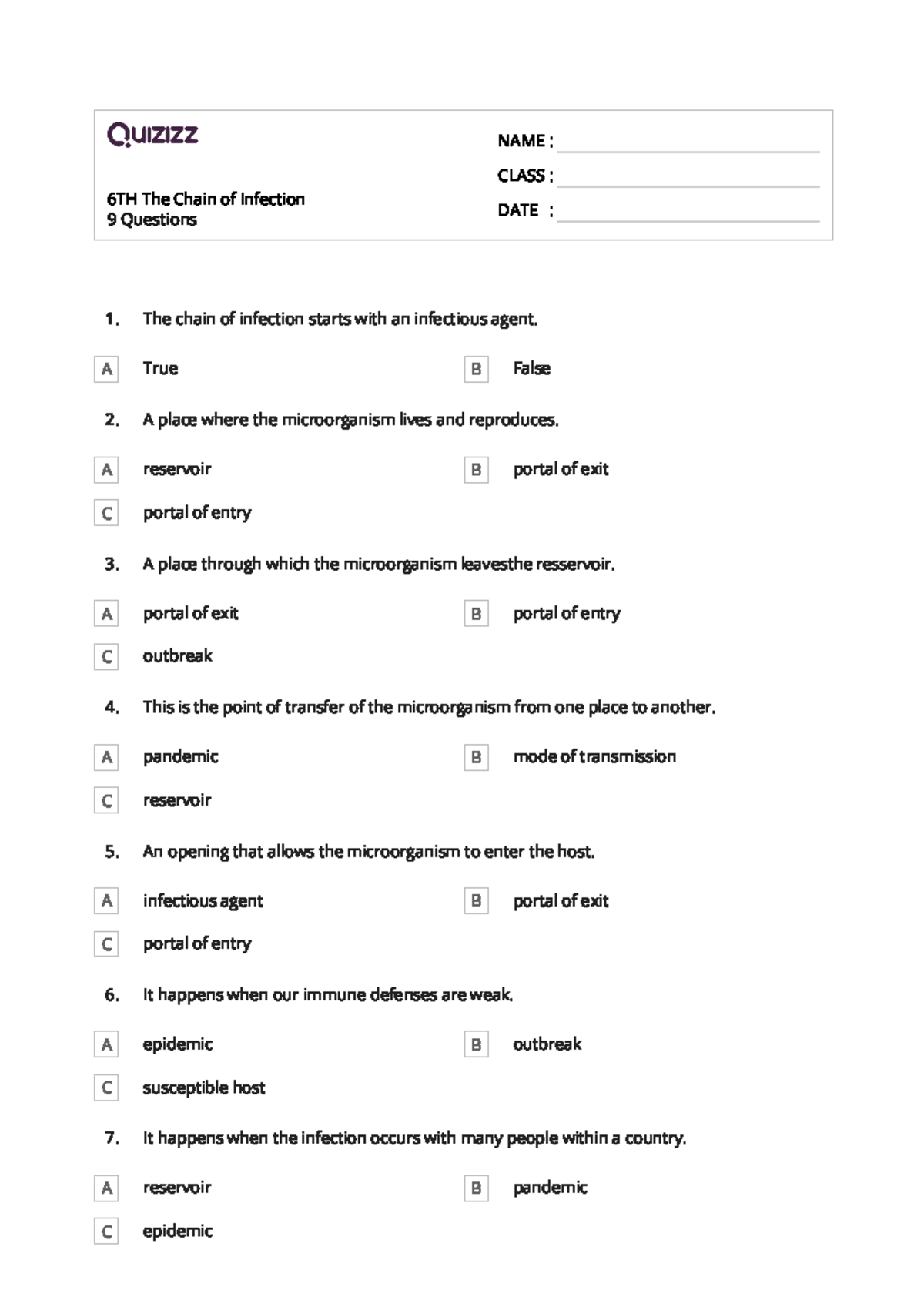 Quizz of The Chain of Infection 6TH 9 Questions The Chain of