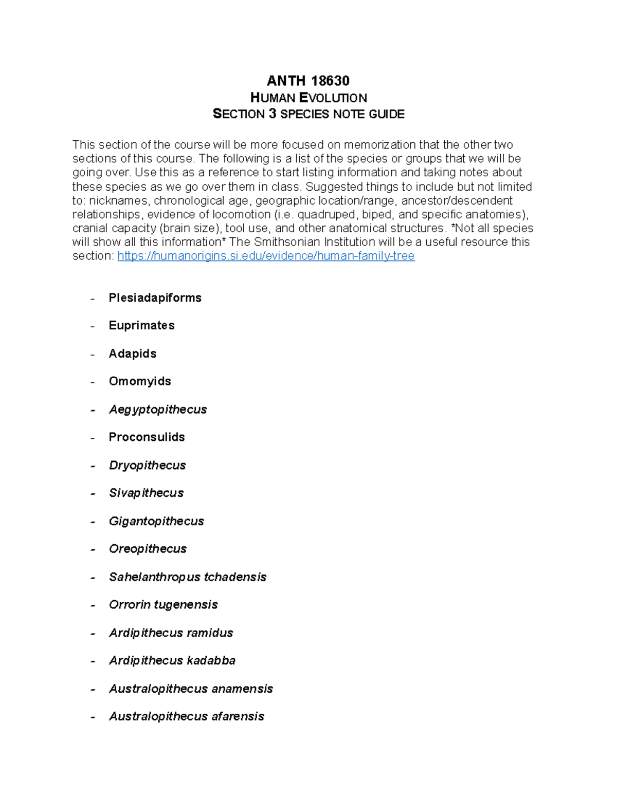Paleospecies Note Guide ANTH 18630 HUMAN EVOLUTION SECTION 3 SPECIES