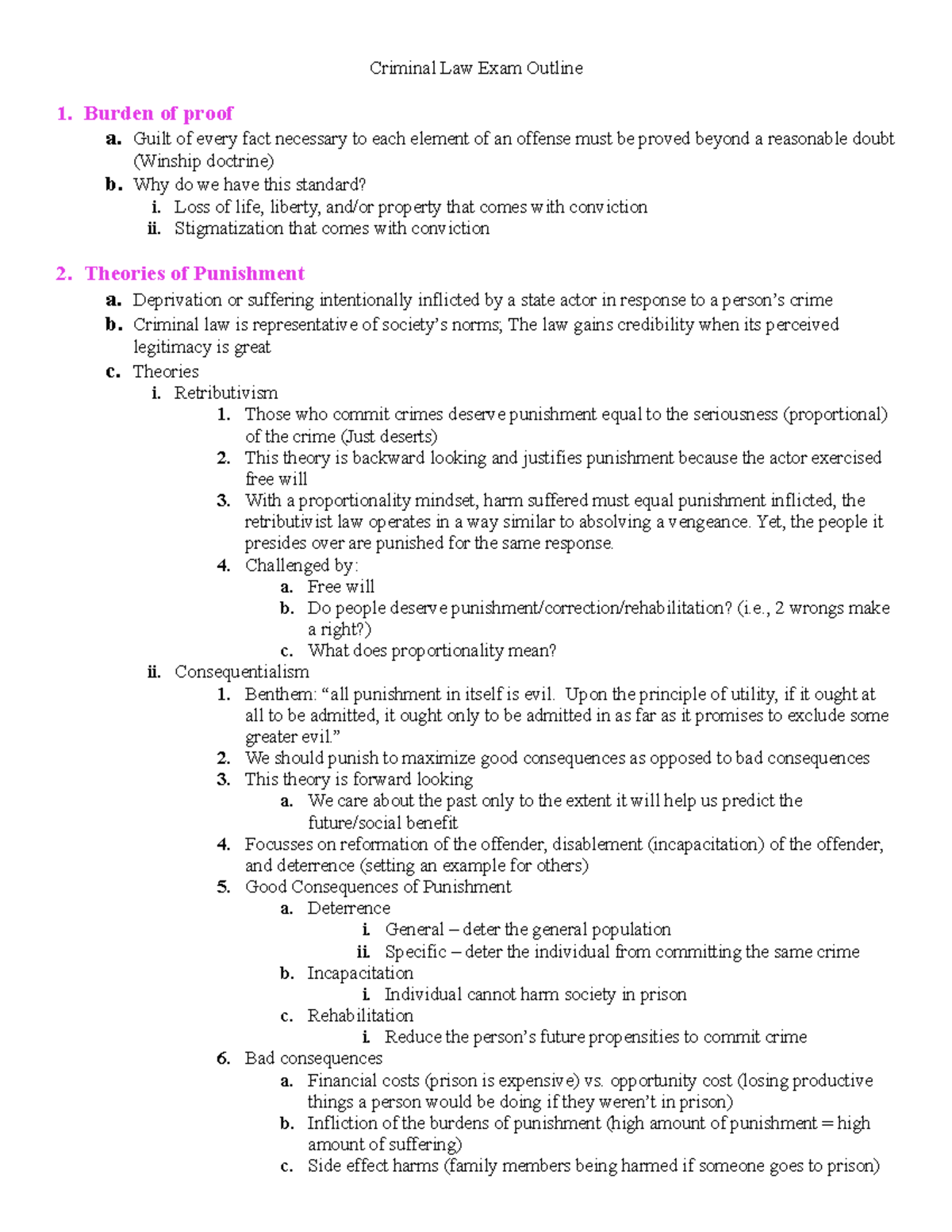 Crim Outline-Fall2020 - Criminal Law Exam Outline 1. Burden Of Proof A ...