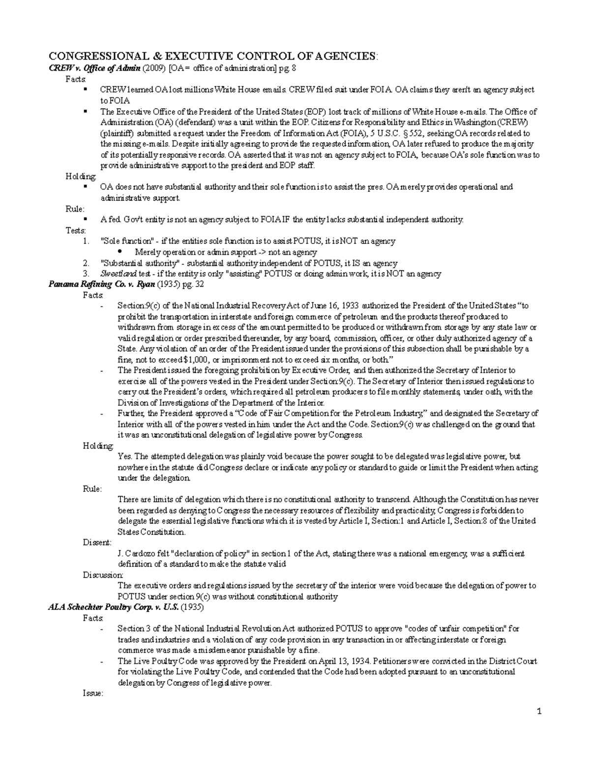 Admin CASE Briefs - CONGRESSIONAL & EXECUTIVE CONTROL OF AGENCIES: CREW ...