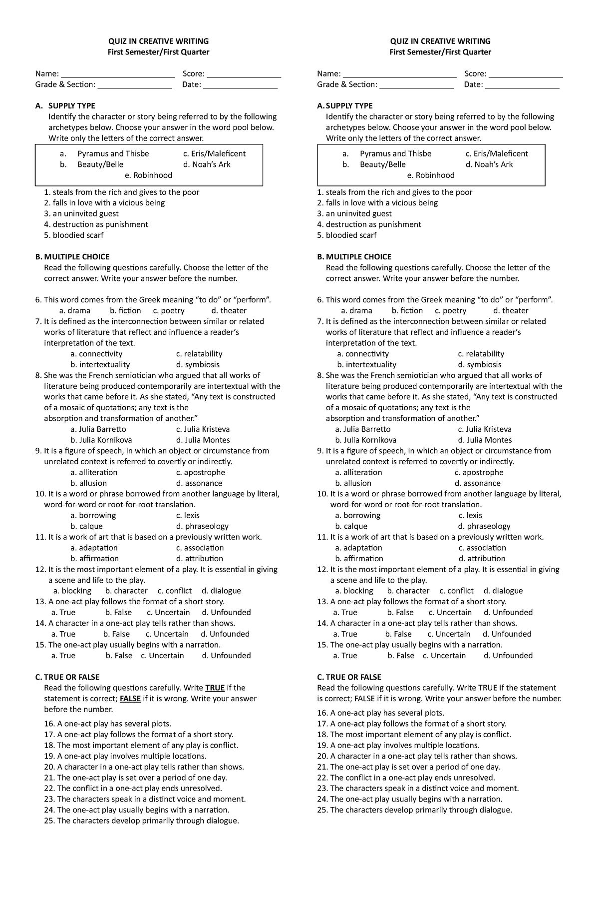 2ND QUIZ IN Creative Writing - QUIZ IN CREATIVE WRITING First Semester ...