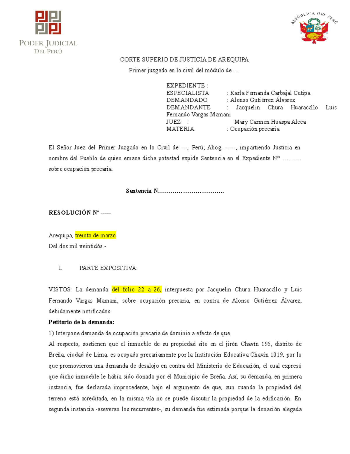 Procesal civil TA2 - TA 1 - El Señor Juez del Primer Juzgado en lo ...