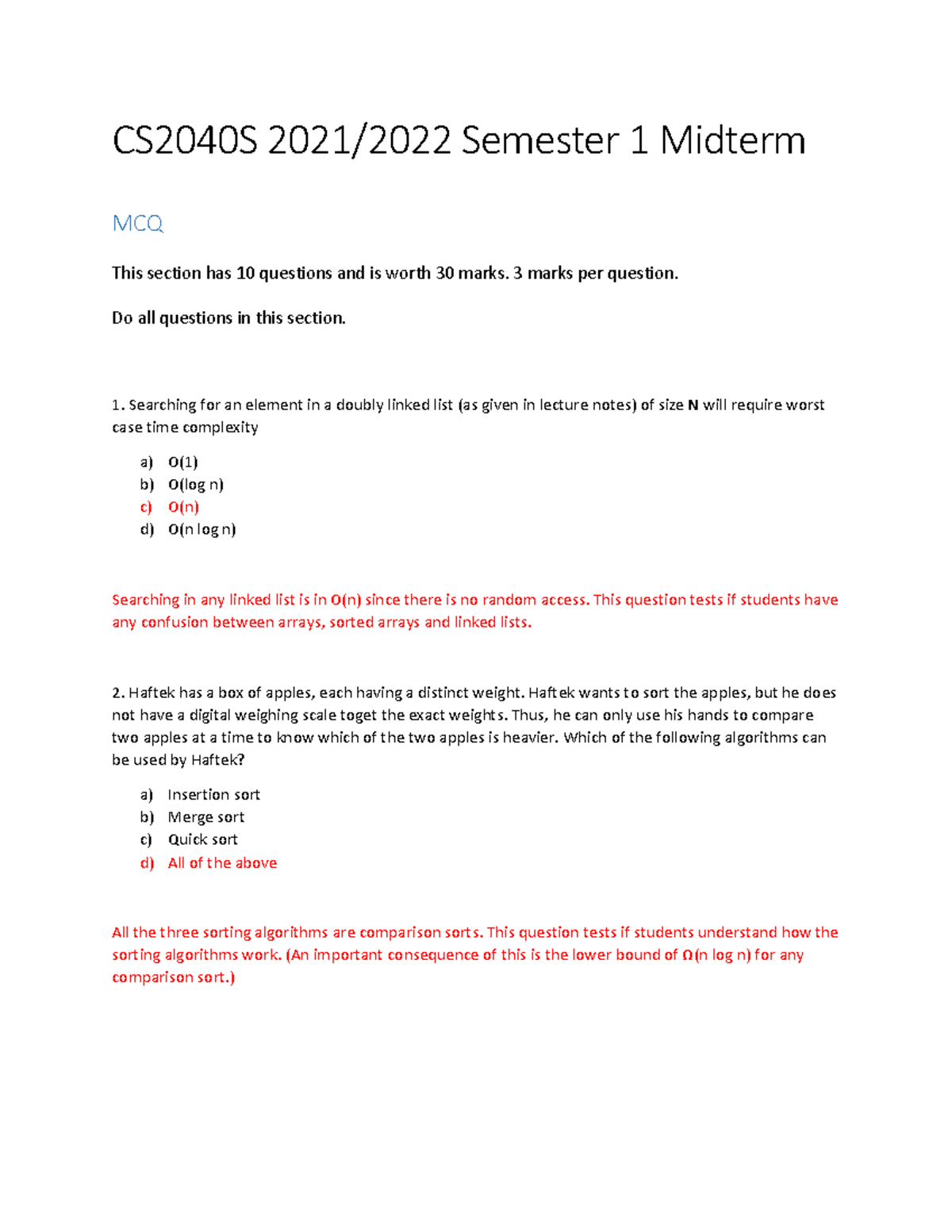 CS2040S 2021 2022 Sem1 Midterm Ans - CS2040S 2021/2022 Semester 1 ...