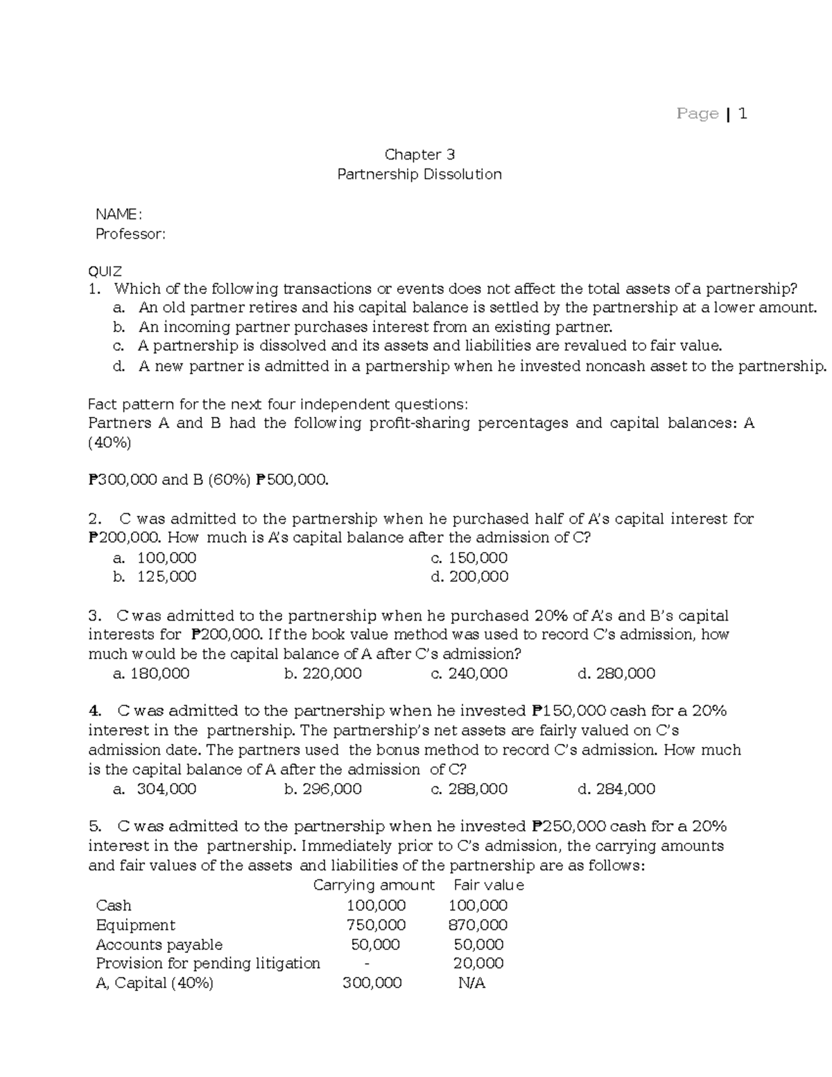 Partnership Dissolution Assignment - Page | 1 Chapter 3 Partnership ...