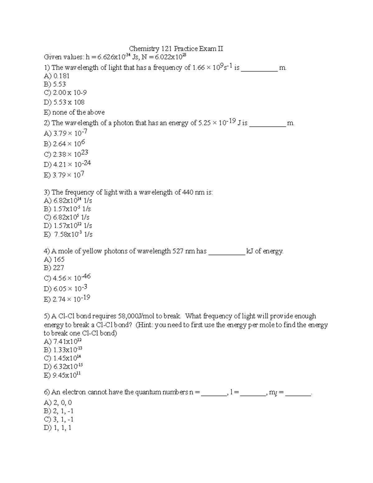 121 Bb Exam Ii Ch 6 Practice F19 - Chemistry 121 Practice Exam II Given ...