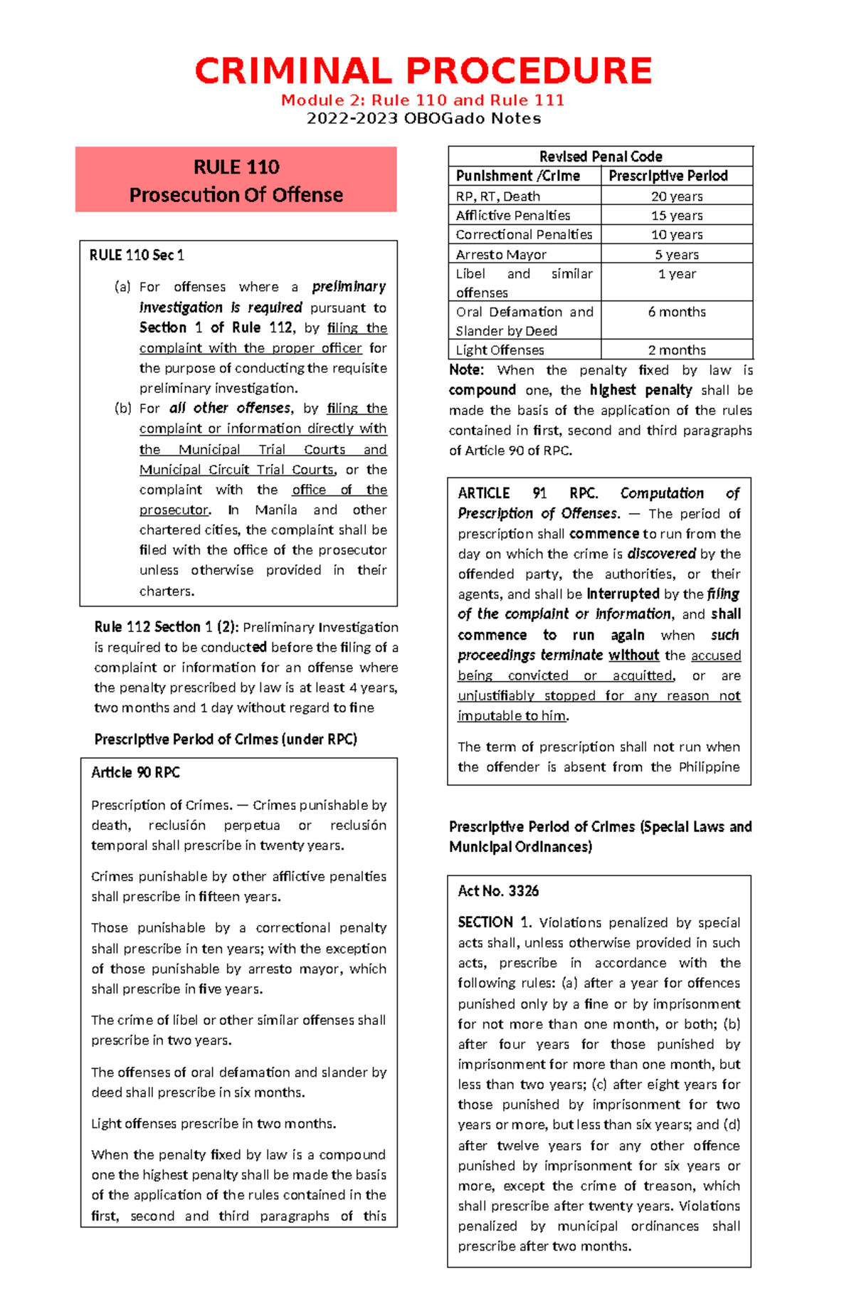 Crimpro OBOGado Notes Mod2 - Module 2: Rule 110 and Rule 111 2022-2023 ...