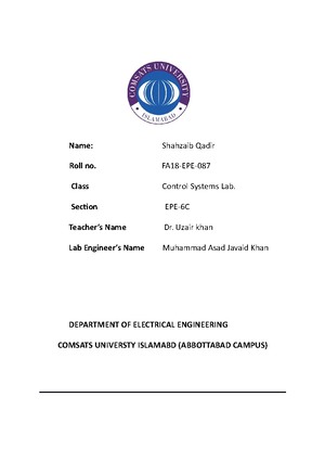 LAB Report 2 CS - EEE234 CONTROL SYSTEM Lab NAME M TAHIR REGISTRATION ...