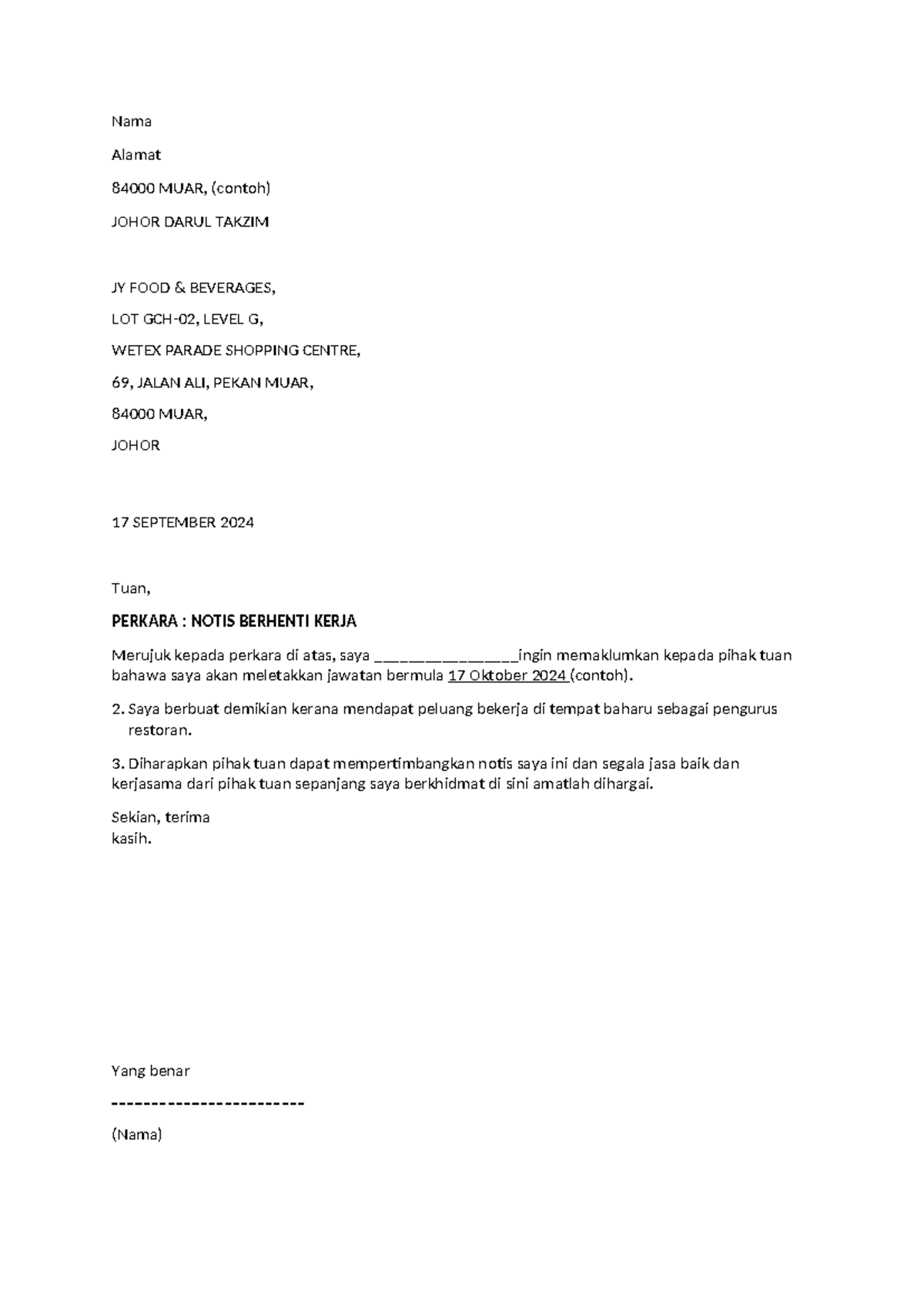 Contoh surat berhenti - This is just an example on how to write resign ...