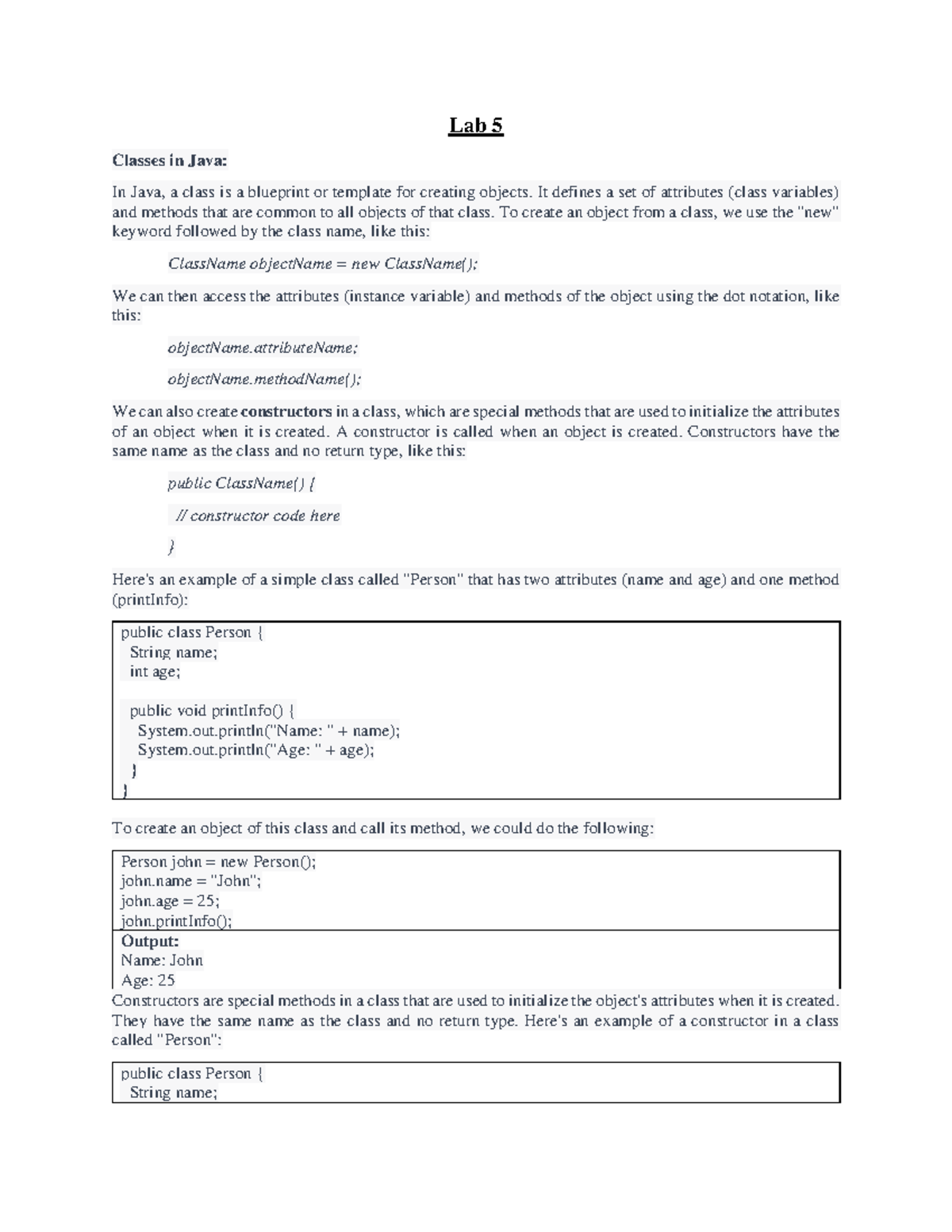 Notes of Electricity - Lab 5 Classes in Java: In Java, a class is a ...