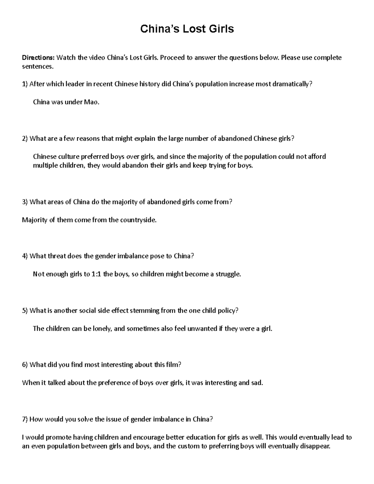 Chinas Lost Girls Questions Guide - China’s Lost Girls Directions ...