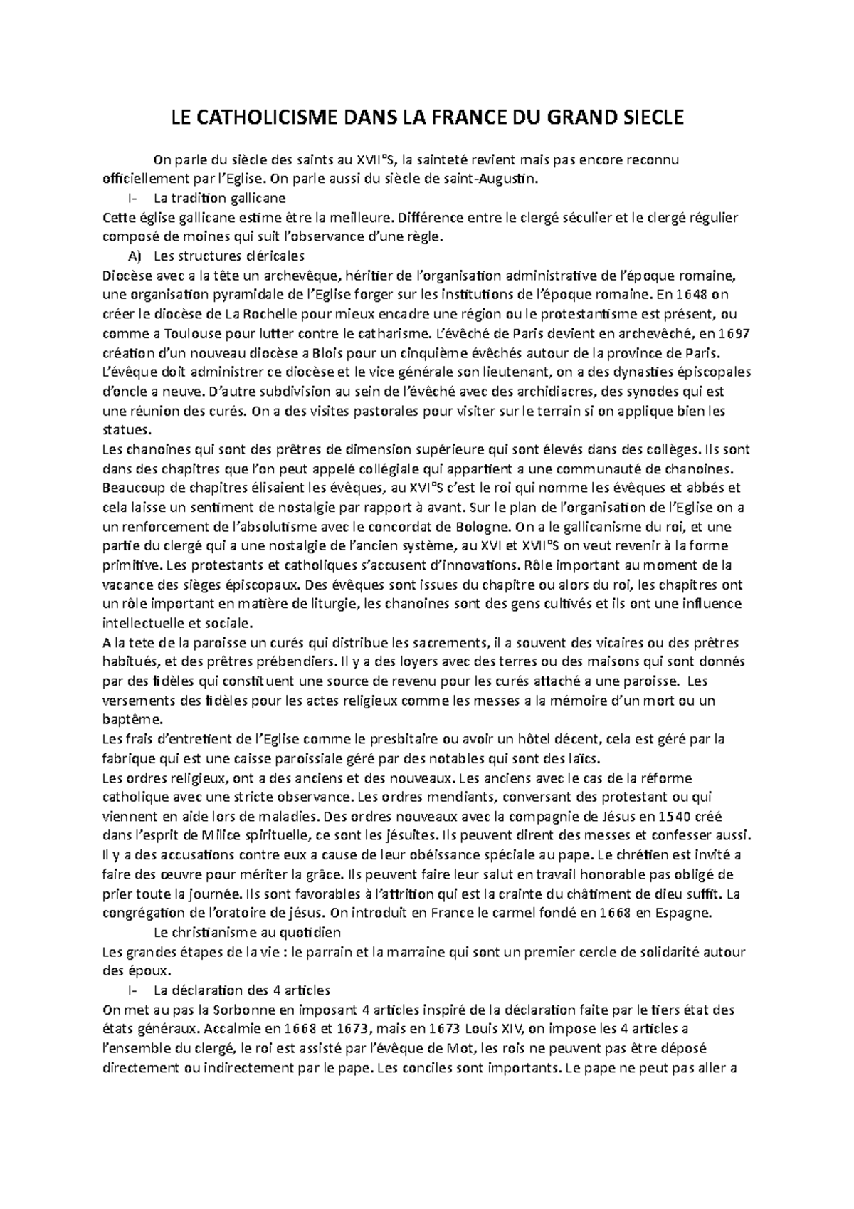 Cours 2 01.02 LE Catholicisme DANS LA France DU Grand Siecle LE