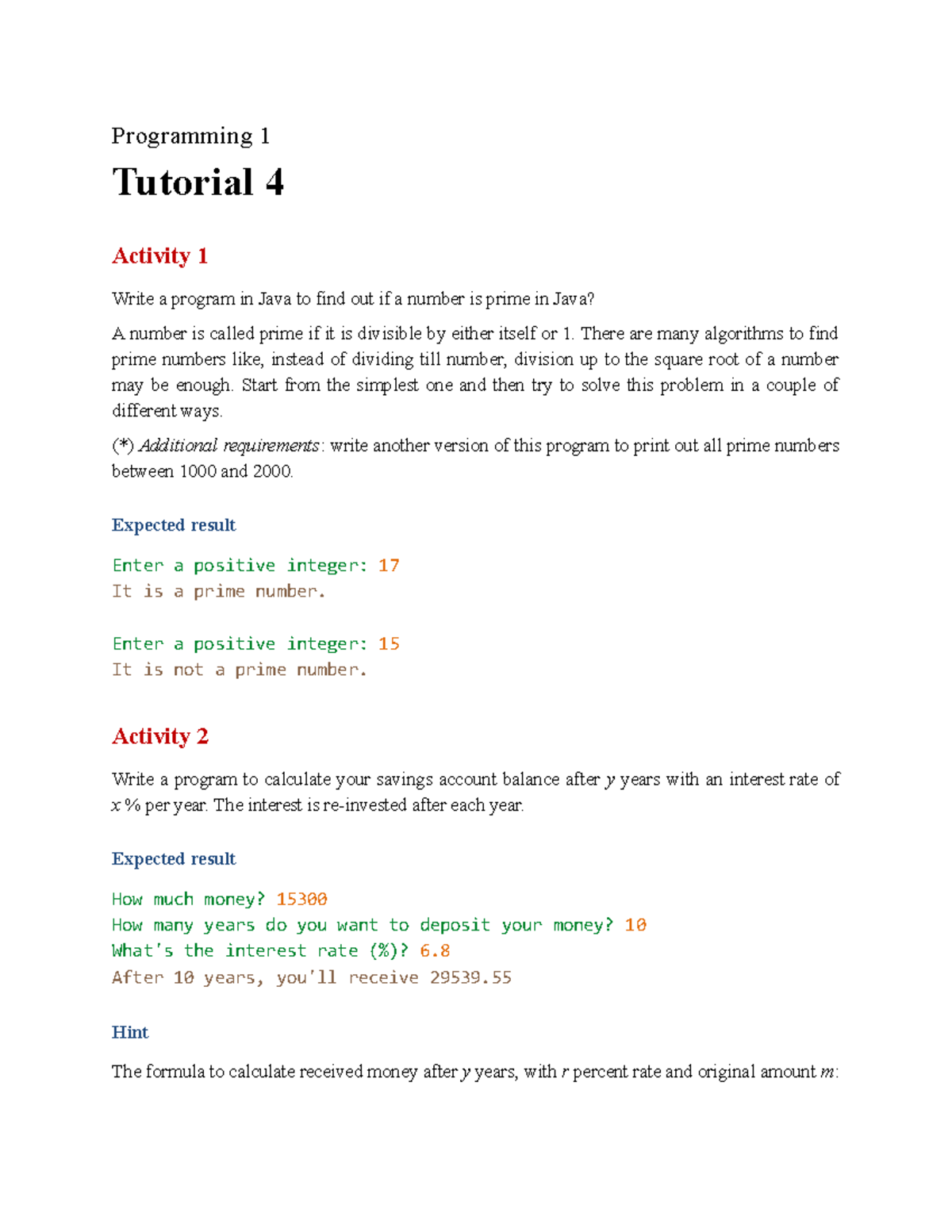 Tutorial 4 - qeqweq - Programming 1 Tutorial 4 Activity 1 Write a ...