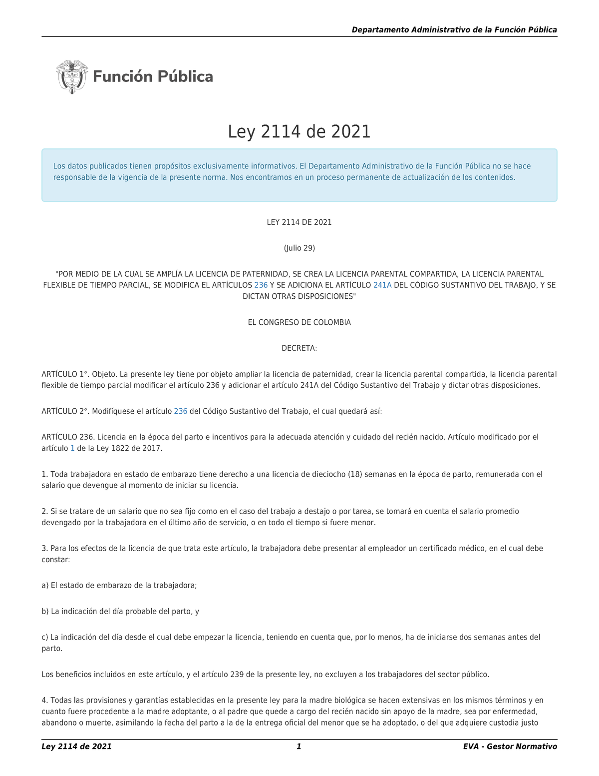 Ley NO Prueba Embarazo - Ar 241 A - Ley 2114 De 2021 - Ley 2114 De 2021 ...