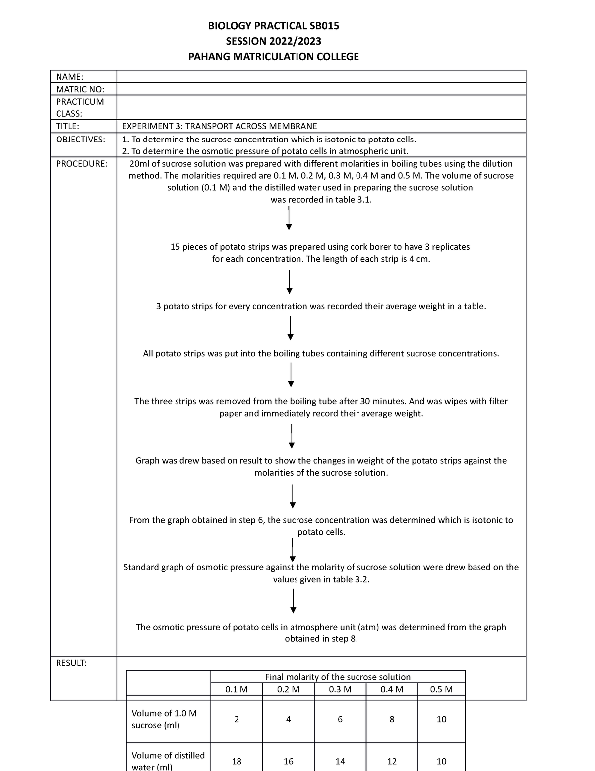 matriculation biology lab report experiment 3