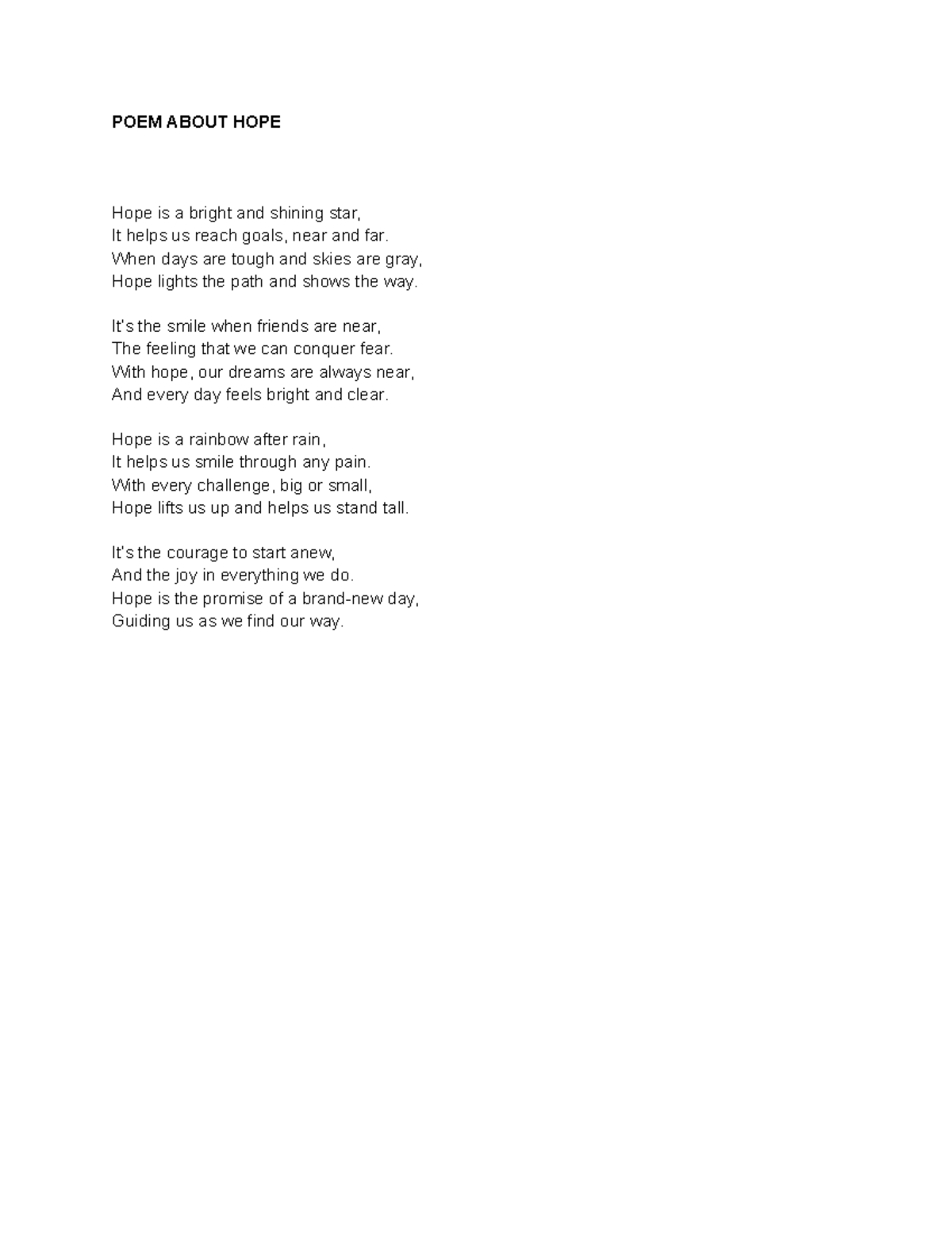 ESSAY/POEM/POSITIONPAPER - POEM ABOUT HOPE Hope is a bright and shining ...