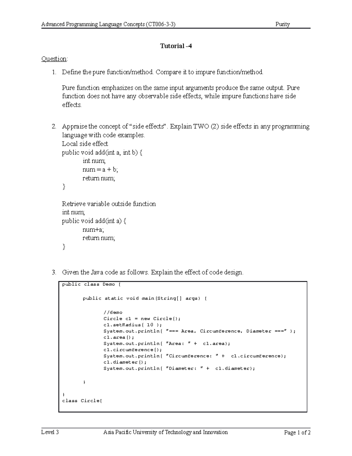Tutorial-4 - Advanced Programming Language Concepts (CT006-3-3) Purity ...