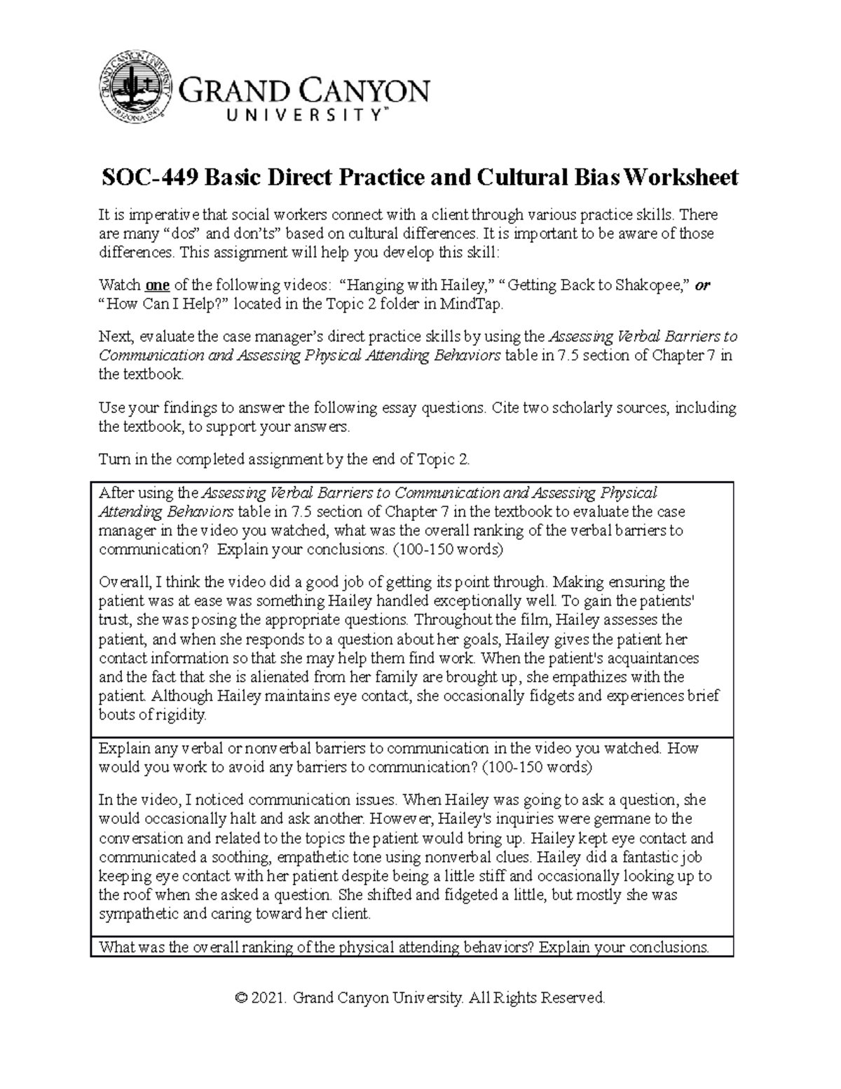 SOC-449 - Worksheet - SOC-449 Basic Direct Practice and Cultural Bias ...