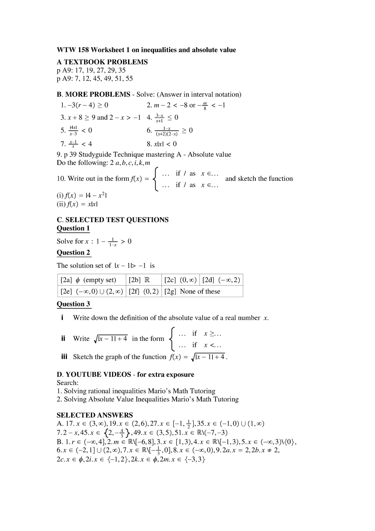 Worksheet 25 on inequalities and absolute value - Calculus 2558 For Absolute Value Inequalities Worksheet Answers