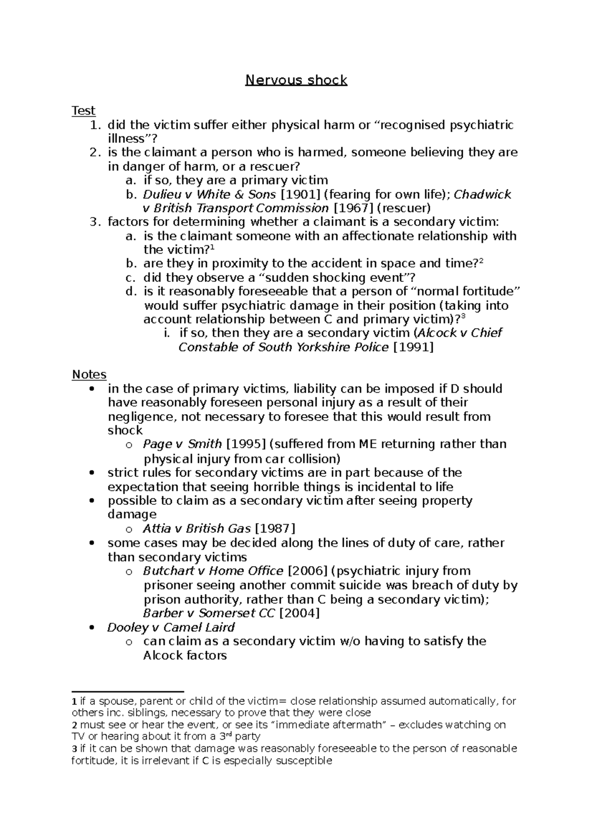 Tort nervous shock PQ notes Nervous shock Test 1. did the victim