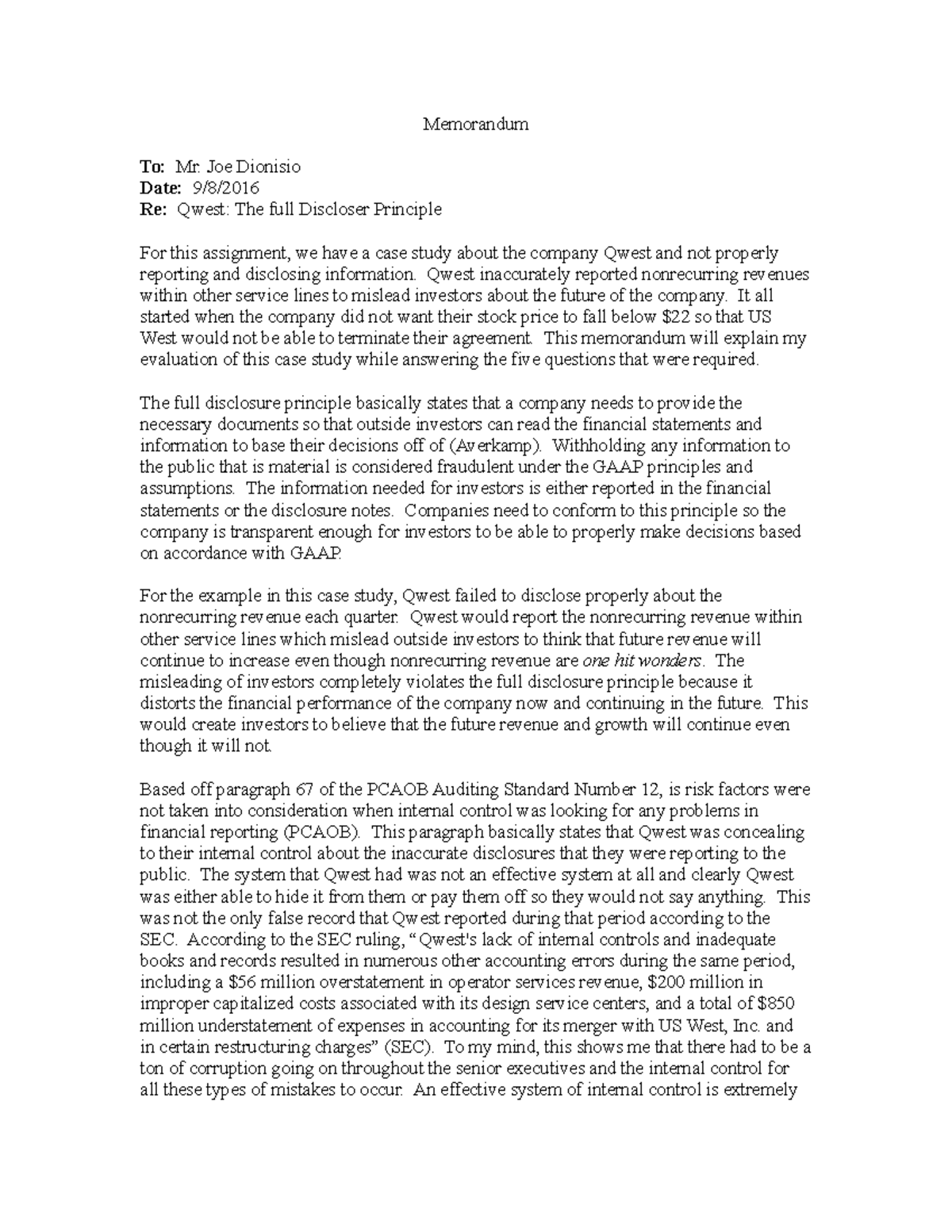 Case 1.3 Memo ACCTG 403W - Memorandum To: Mr. Joe Dionisio Date: 9/8 ...