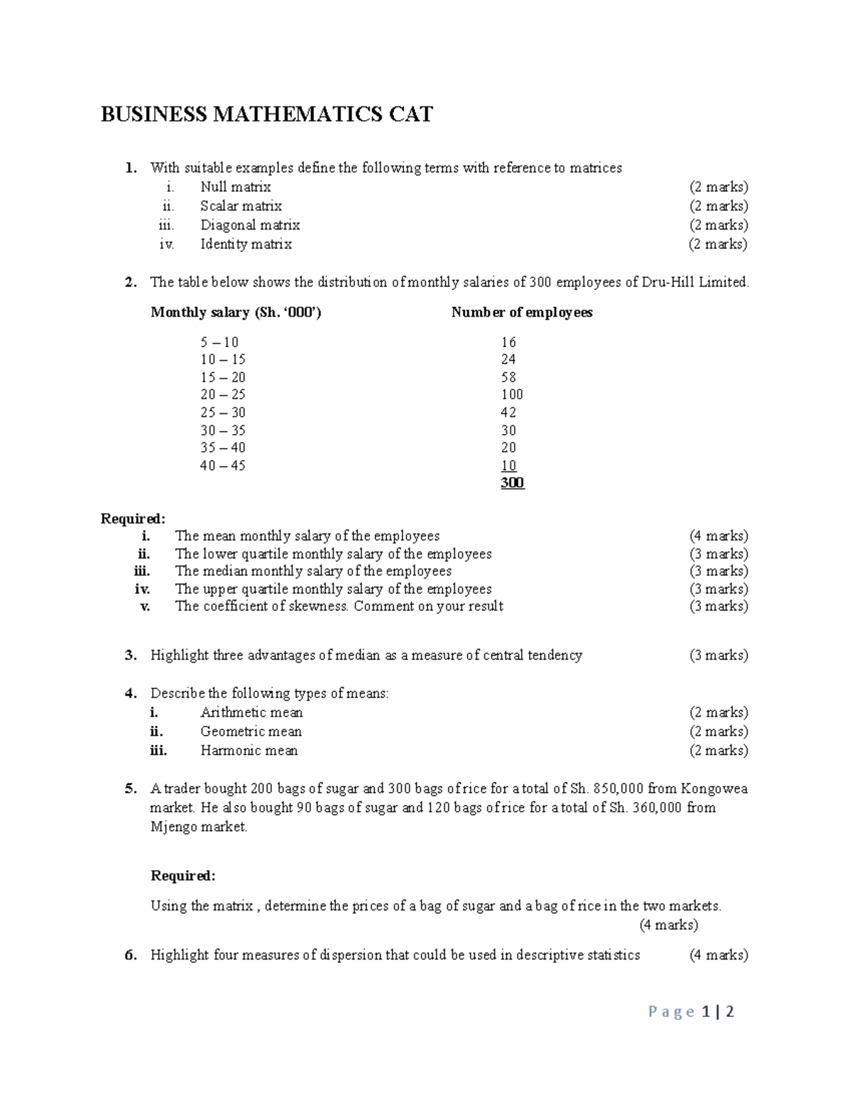Business Mathematics CAT ON Matrices & Stats - BUSINESS MATHEMATICS CAT ...