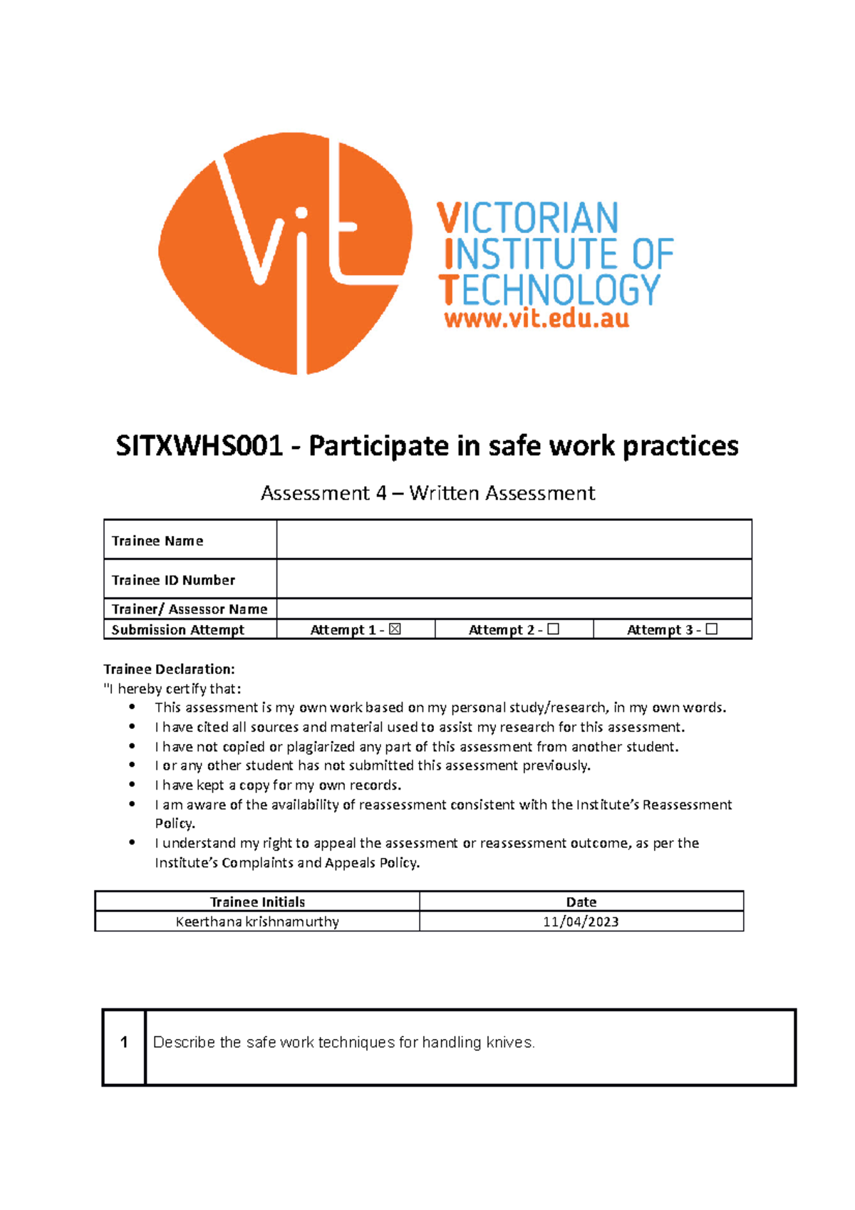 Sitxwhs 001 - Written Assessment - SITXWHS001 - Participate in safe ...