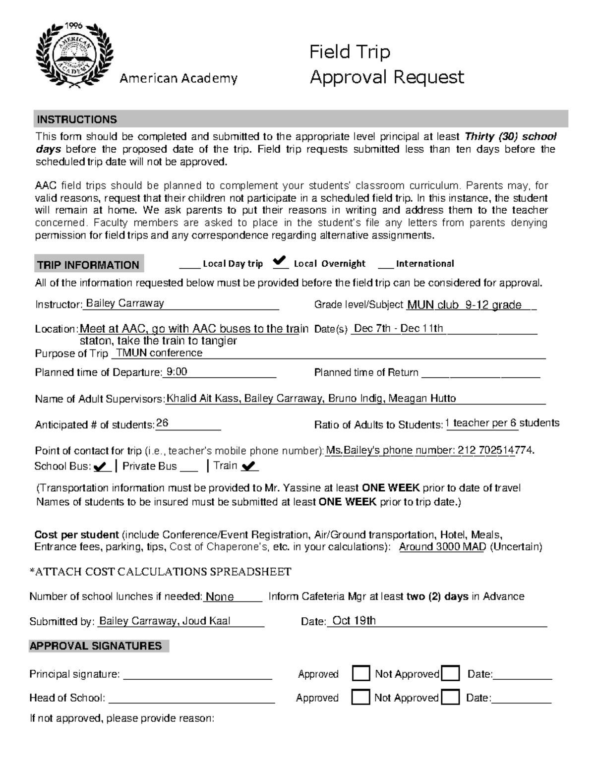 Field trip approval request form all types (1) American Academy Field