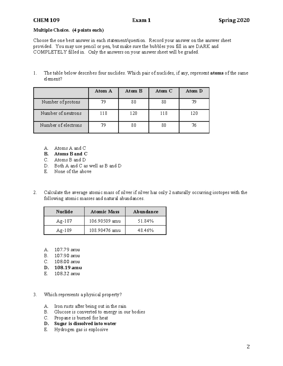 Exam1 109 Sp20 Key - exam 1 - Multiple Choice. (4 points each) Choose ...