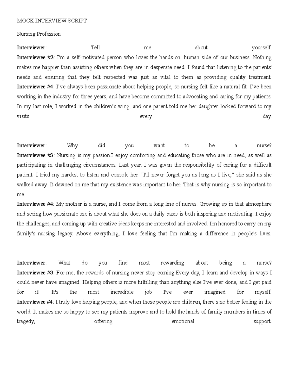 MOCK- Interview- Script - MOCK INTERVIEW SCRIPT Nursing Profession ...