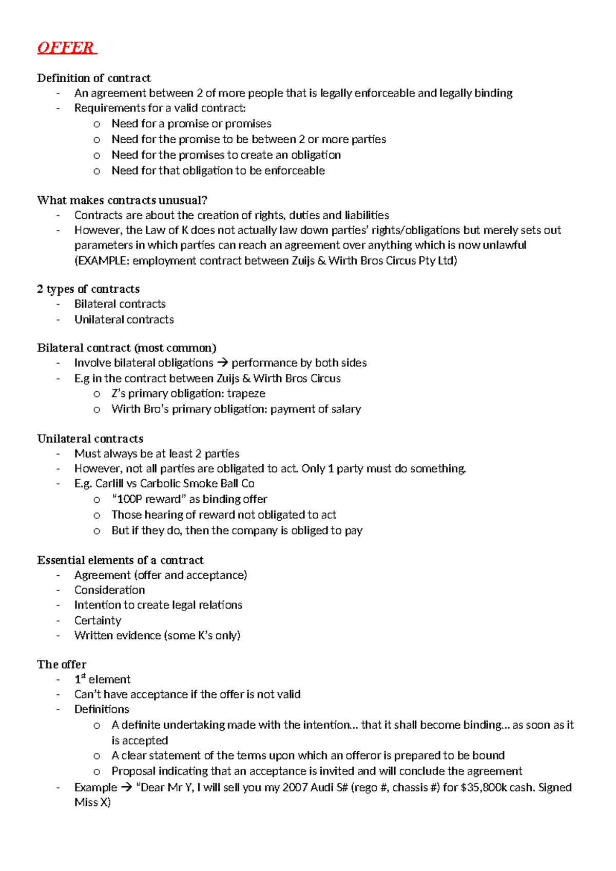 Lecture Notes - OFFER Definition of contract - An agreement between 2 ...