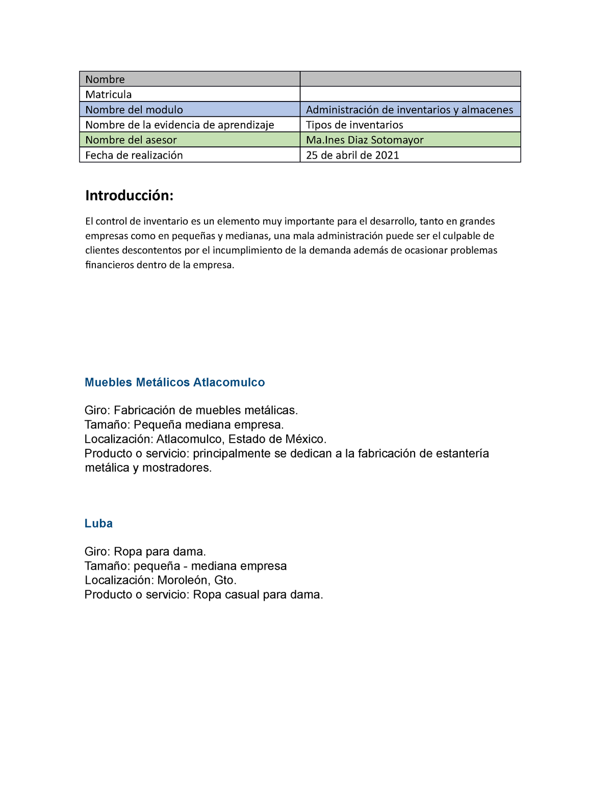 Tipos de inventarios- Administracion de inventarios y almacenes - Nombre  Matricula Nombre del modulo - Studocu